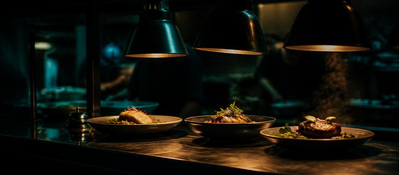 Plated dishes waiting under heat lamps on a restaurant pass during dinner service